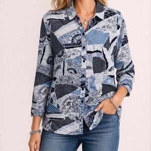 Chico's Navy and Light Blue Patchwork Button Down Shirt